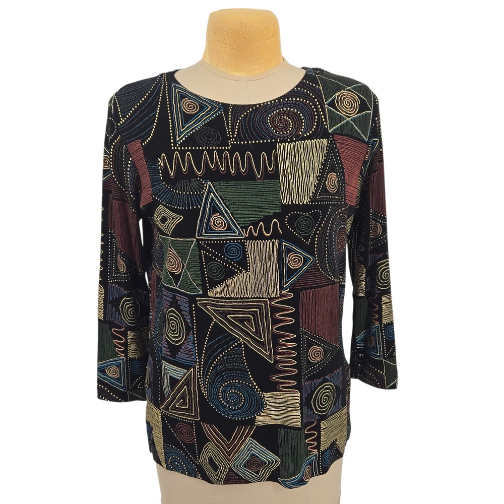 Marshall-Rousso Top M Black Geometric Abstract Vintage Artsy Resort Going‎ Out